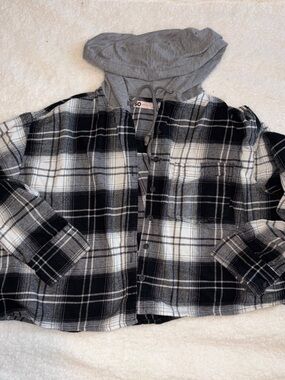 SO Black and Gray Plaid Hooded Button-Up Shirt